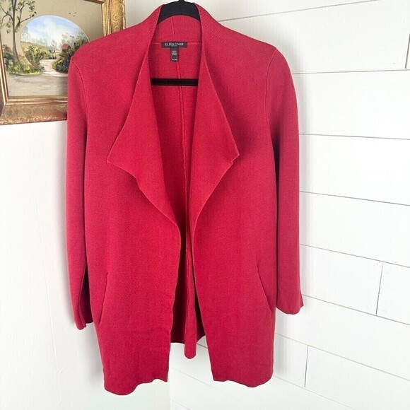 Eileen Fisher Silk Cotton Interlock Open Front Cardigan Red Size Petite Large - Picture 1 of 6